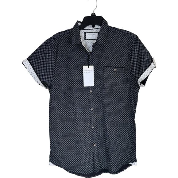 Paperdenim & Cloth Slim Fit Shirt XL Black White Geometric Short Sleeve NWT - Picture 1 of 16